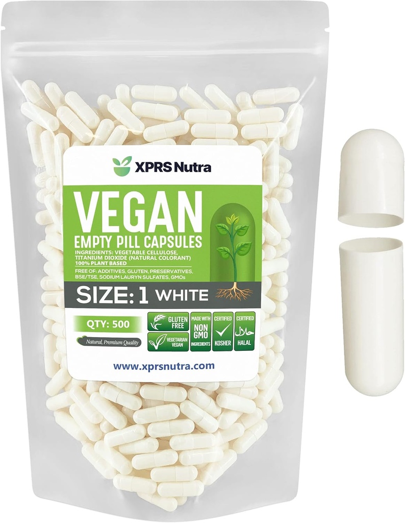 XPRS Nutra Größe 1 Leere Kapseln - 500 Graf Leere Vegan Kapseln - Vegetarische Pillen - DIY Gemüse Kapsel Füllung- Veggie Pillen Kapseln für Do-It-Yourself Ergänzungen (Weiß)