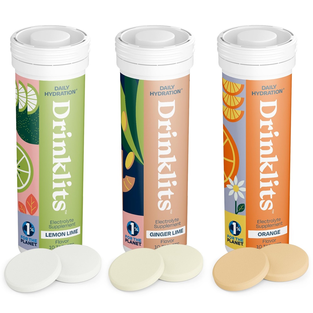 Drinklits Daily Hydration Variety Pack (3) Tube Bundle | Ginger-Lime + Lemon-Lime + Orange | Compresse elettrolitiche – 0g Zucchero – Grande Gusto | 30 Serve - 10 compresse per tubo