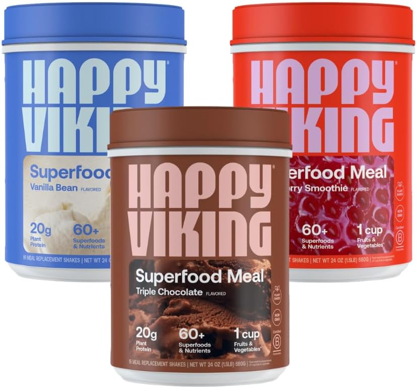 Happy Viking Chocolat, Vanille et Poudre de Fraise, par Vénus Williams, Protéines 20G, Low Carb, Keto, Vegan, Sans gluten, Superfoods, Remplacement complet des repas, 3 conteneurs (24 oz. Chacun)
