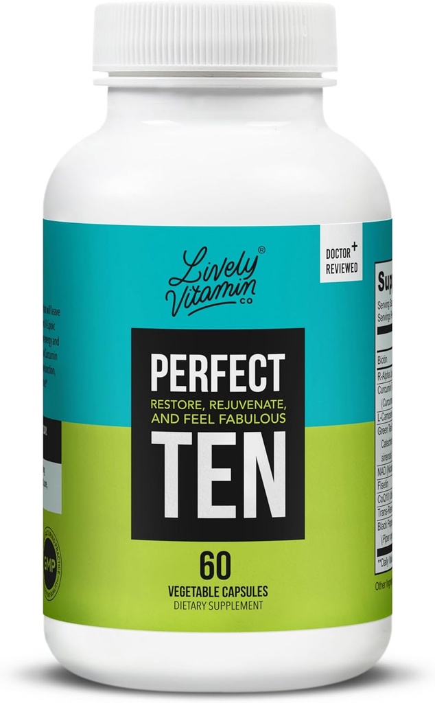 LIVELY VITAMIN CO. Perfect Ten - Anti-Aging & Antioxidante Ergänzung - Biotin & Lipoic Acid - Gesundes Haar, Haut, Nägel - Energie-Boost - Sharper Brain Funktion - Stärkere Immunität - 60 Kapseln