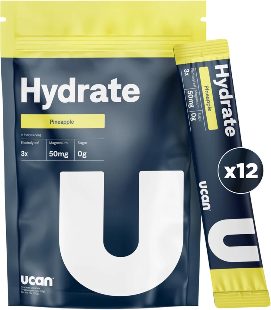 UCAN Hydrate Electrolyte Drink Mix (Pineapple, 12 Stickpacks) Sugar-Free, Keto-Friendly, Vegan, Non OGM, Gluten-Free Electrolyte Powder with Potassium & Magnesium for Runners & Athletes