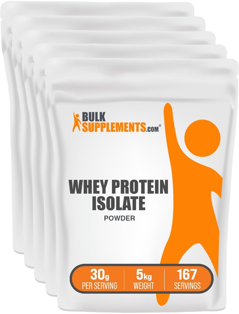 BulkSupplements.com Poudre Isolée de Whey Protein - Poudre de Whey Protein non aromatisée, supplément nutritionnel - Sans gluten, 30g par portion, 1kg (2,2 lbs) (paquet de 5)