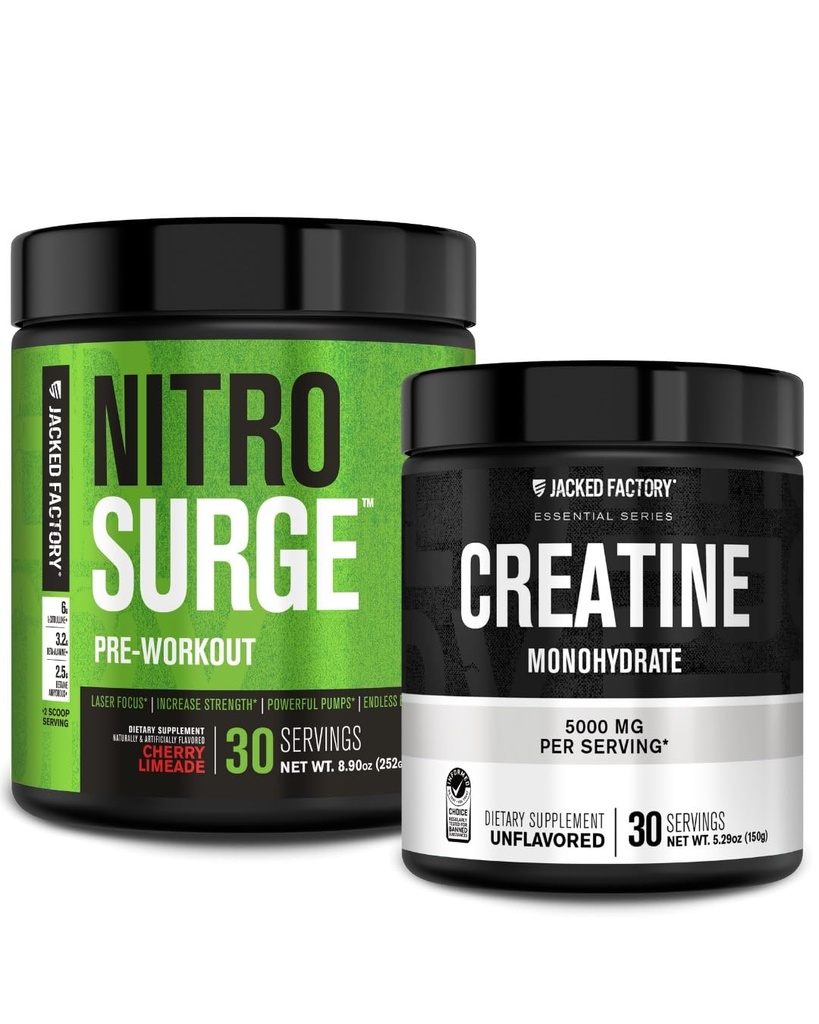 Fabbrica Jacked NITROSURGE Pre Supplemento di allenamento (Limeade di ciliegie) Polvere di monoidrato di creatina (150g) per la crescita del muscolo, maggiore resistenza, energia avanzata