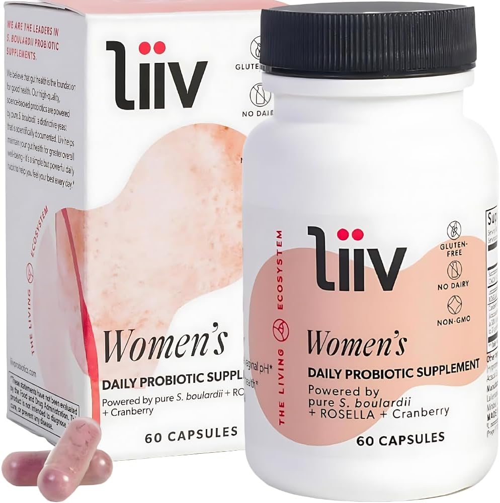 LiiV Probiotics Premium Women's Probiotic (60 Caps) Unterstützung Verdauungs-Gesundheit Vaginal pH Balance & UT Support 3-in-1 Daily S boulardii Probiotic Blend