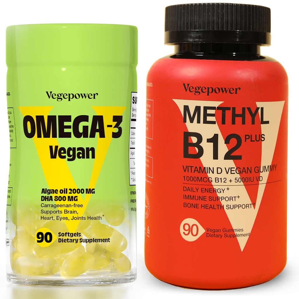 Vegan Omega-3 + Vitamin B12 Gummy | Algae Omega-3 DHA Ergänzungen für Gehirn, Herzaugen Gesundheit | Methyl B12 1000 mcg & Vitamin D 5000 IU für Energie und Immununterstützung - 90 Count