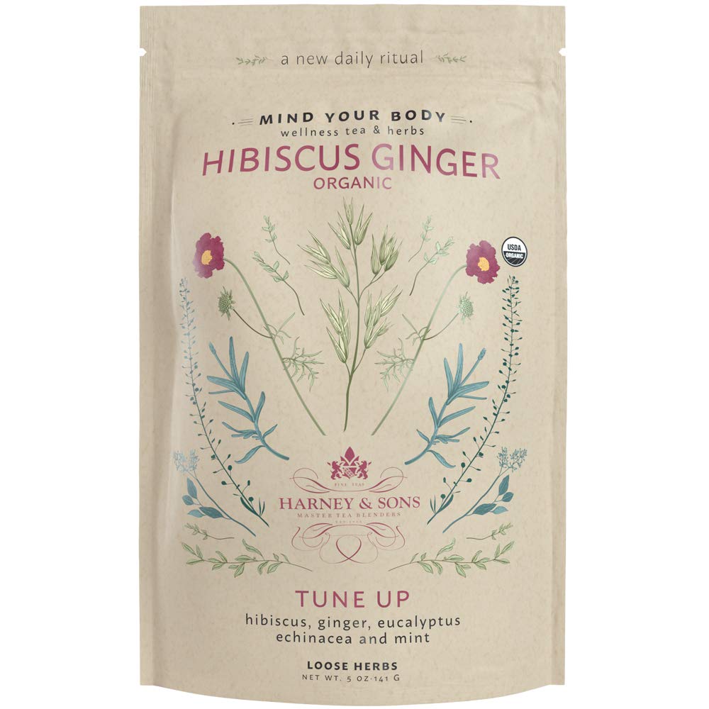 Harney & Sons Organic Hibiscus Ginger Tune-Up Wellness Blend, with Eucalyptus, Echinacea and Mint, 5 oz bag