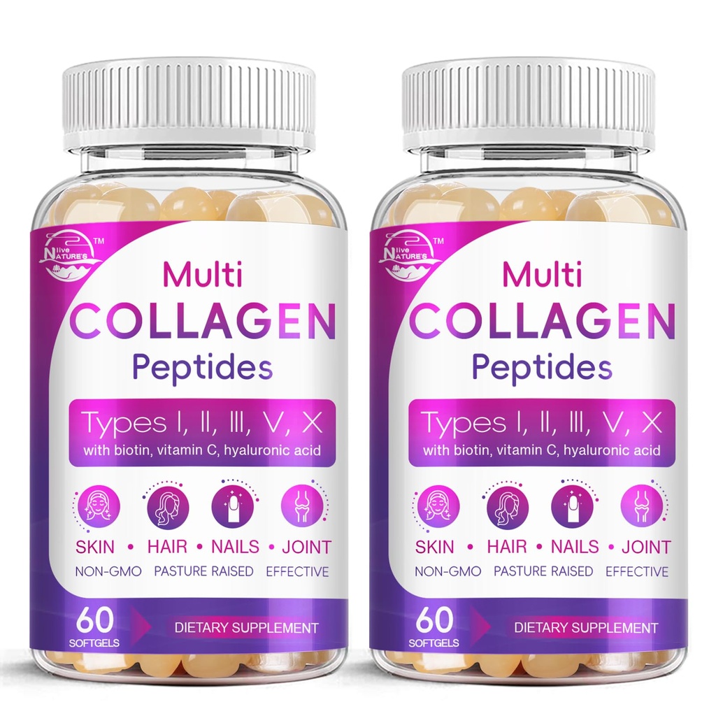 Multi collagène Peptides Softgel - Type I, II, III, V, X - Peptides de collagène hydrolysés avec biotine, vitamine C, acide hyaluronique, soutient les ongles de cheveux de peau, gazon, non-OGM, 60 Softgel, 2 Pack