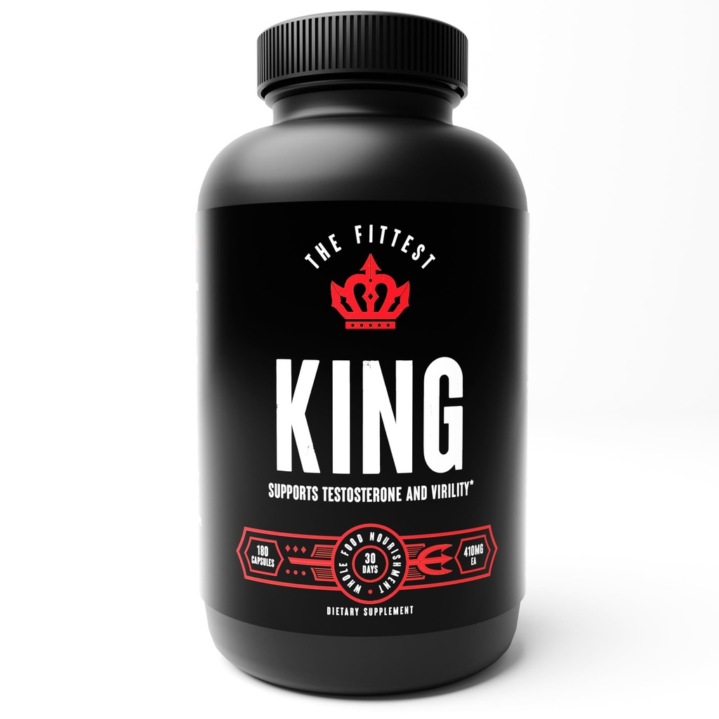 Der Fittest King - Testosteron-Booster-Ergänzung - Unterstützt Hormone Gesundheit, Stamina, & Stärke - Inklusive Grass gefüttert Bovine Liver, Knochen Marrow, Herz & Hoden - 180 Kapseln