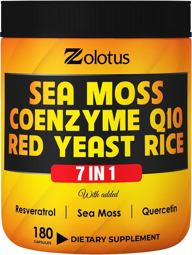 Zolotus 7 in 1 Sea Moss Supplement + Red Yeast Rice, Coenzym Q10 Kapseln, Äquivalent zu 8640mg, mit Quercetin, Resveratrol, Vitamin B3, Vitamin D3, Körperbilanz, Immunsystem und Herzgesundheit