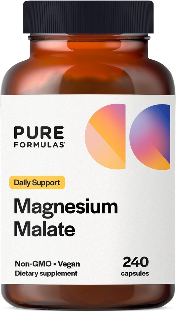 PureFormulas Magnesium Malate Capsule - Magnesio Chelato come Di-Magnesium Malate - Modulo altamente biodisponibile per sostenere l'energia, Salute Bone + Recupero Muscolare, malato de magnesio 360 mg - 240 capsule