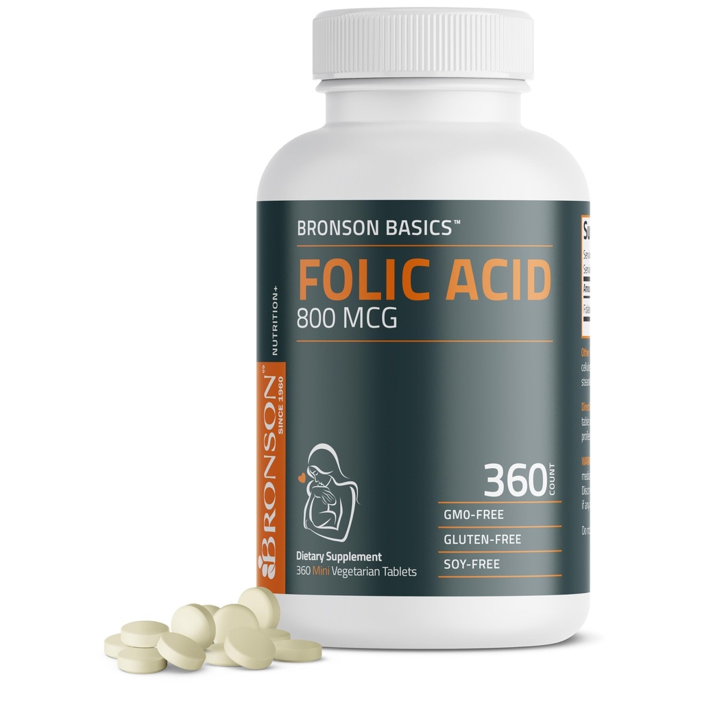 Bronson acido folico 800 MCG supporta lo sviluppo prenatale, 1 anno di fornitura, non OGM, 360 compresse