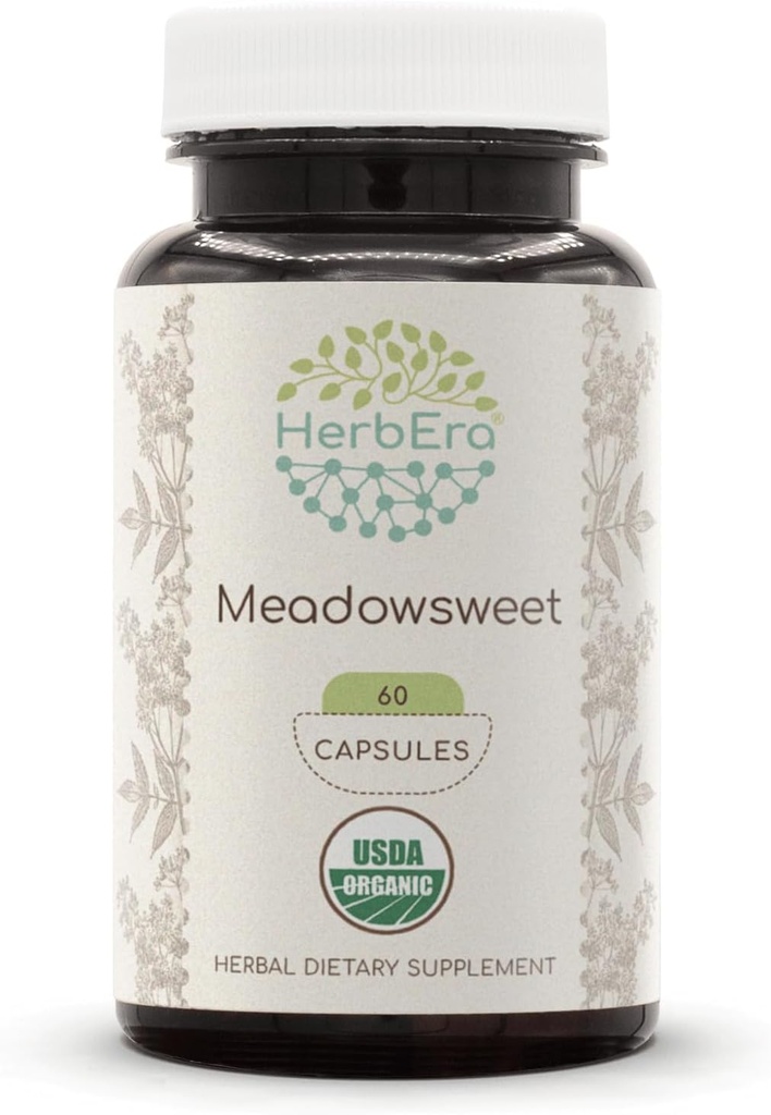 HerbEra Meadowsweet USDA Organic 60 Capsule | Natural Herbal Supplement | Capsule Vegetariani Organici Certificati e Meadowsweet Organic (Filipendula ulmaria) Erbe secca (60 Capsule)