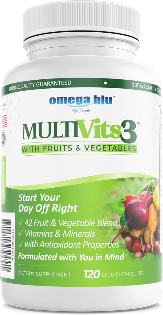 Multi Vits 3 Multivitamin - 2 al giorno - 70+ Ingredienti - 42 Frutta e Verdura - CoQ10 per la salute del cuore - Cervello, Energia, Supporto Visione - Vitamine & Minerali - 60 Serve