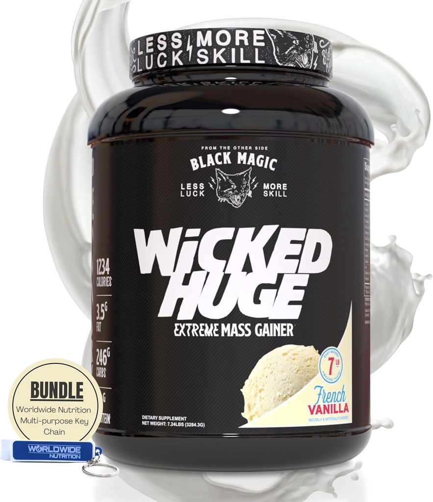 In tutto il mondo Nutrition Bundle Compatibile con Black Magic Wicked Huge - Mass Gainer French Vanilla Flavor per il supporto muscolare e il recupero, 7.24 LBS Protein Powder Supplement with Keychain