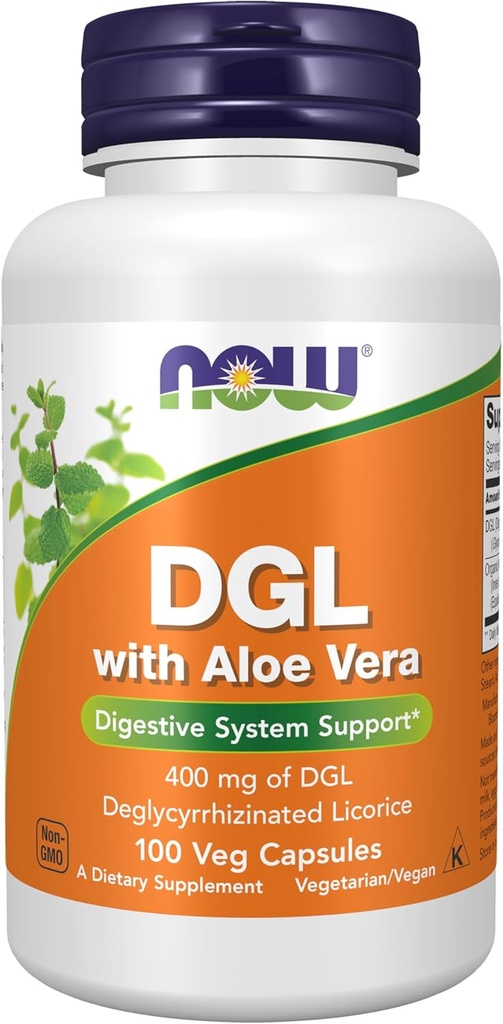 NOW Foods Supplements, DGL with Aloe Vera (Deglycyrrhizinated Licorice) Dietary Supplement, 100 Veg Capsules