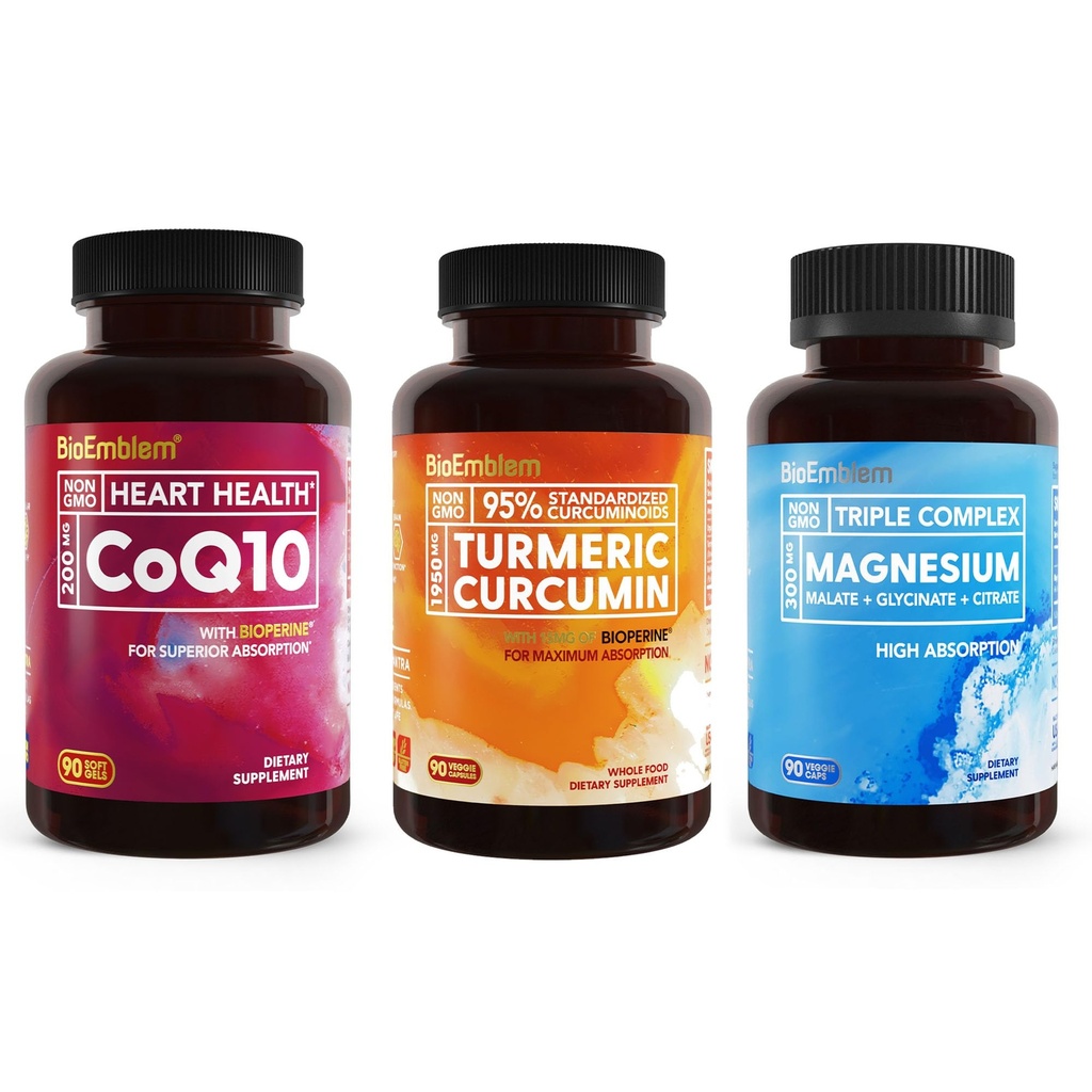BioEmblem Triple Magnésium Complexe et Curcumine Turmère Supplément et CoQ10 avec BioPerine