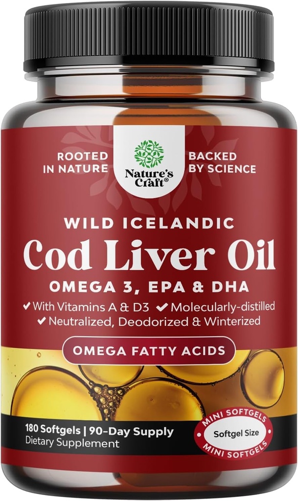 Olio di fegato di cod islandese Softgels - Wild Caught EPA DHA Omega 3 Fish Oil 1000mg per porzione - Sustainably Sourced Burpless Fish Oil Supplemento con vitamina D3 & A per il cervello e il supporto immunitario