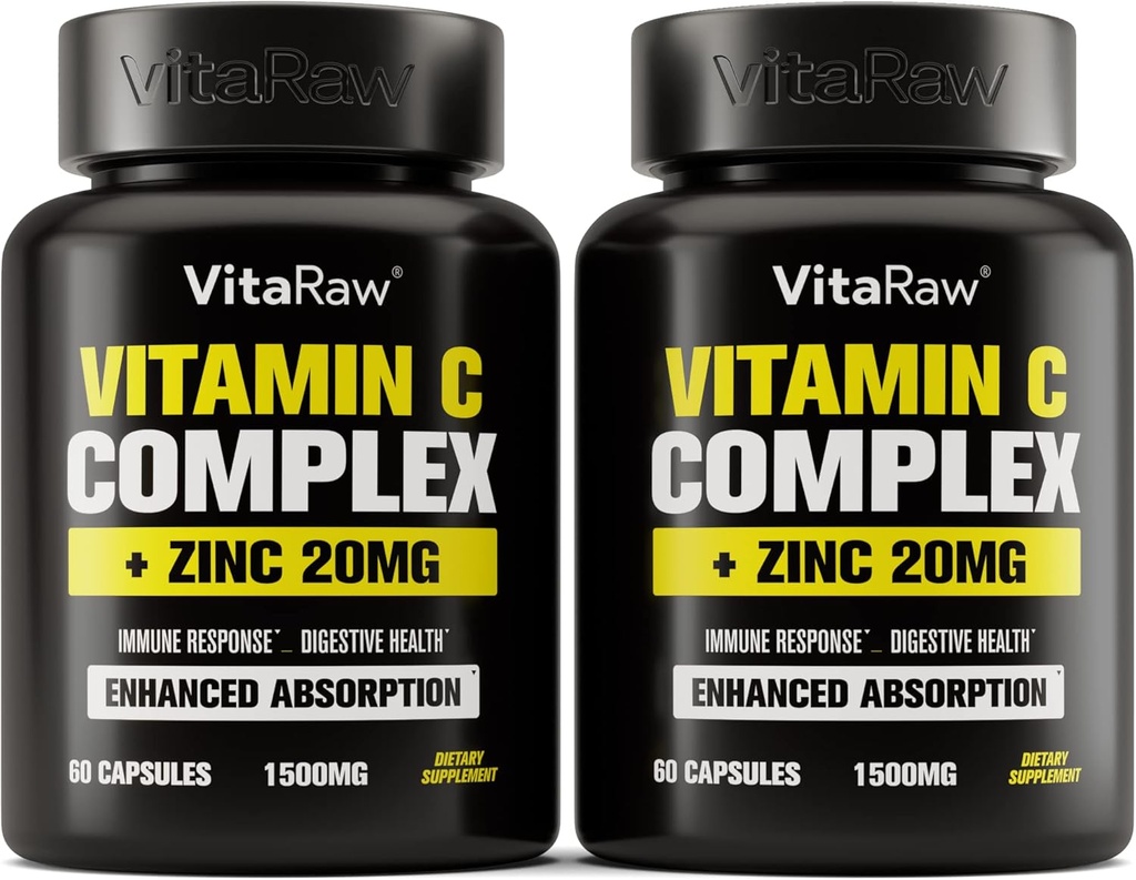 Vitamin C Supplement 2 Pack (120 Veggie Kapseln) - 1500mg mit Zink 20mg - Höchste Absorption Vitamin C Immununterstützung Complex - Vitamin C Kapseln & Zink Vitamine für Erwachsene, Vit C Immune Hilfe Vegan