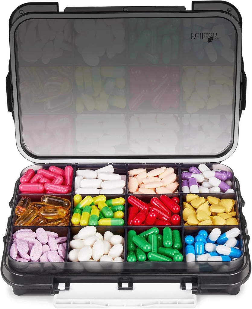 Fullicon Daily Travel Moisture Proof Pille Case mit 12 extra großen Bestandteil, Pill Organizer mit 3 gesicherten Schnallen, große Ergänzung Box für Vitamin mit abnehmbaren Dividers (schwarz)