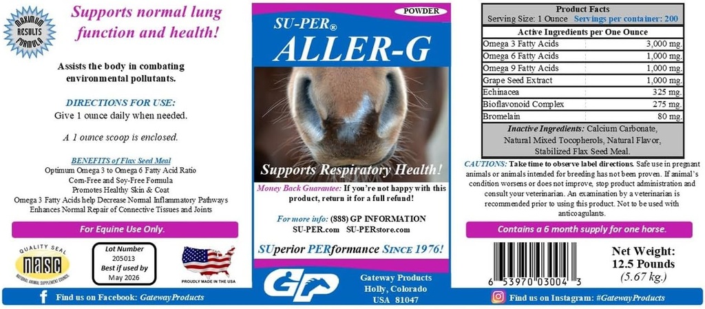 Sostegno respiratorio SU-PER Aller-G per cavalli - Polvere di supplemento di allergia di cavallo per il sistema immunitario sano e supporto polmonare - combatte allergie e inquinanti ambientali - 12.5 Pounds, 6 mesi di fornitura