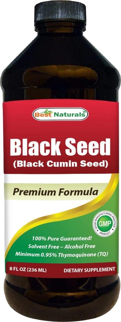 Meilleures Huile de Graine Noire Naturelle - Minimum 0,95% Thymoquinone (TQ) - Nigella Sativa pressée à froid Aides à la santé digestive, soutien immunitaire, fonction cérébrale, mobilité articulaire, sans gluten, non OGM - 8 OZ