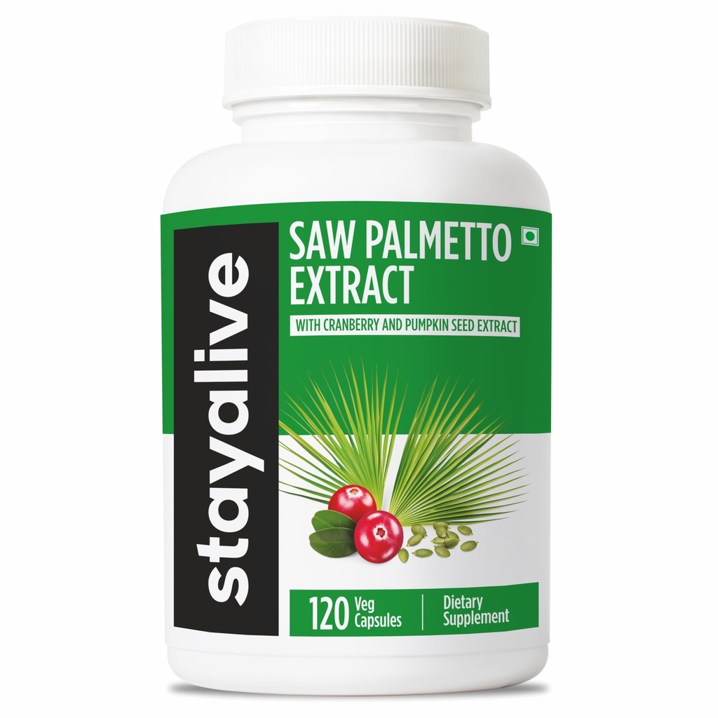 STAY ALIVE Saw Palmetto Extract Capsules w/Cranberry & Pumpkin Seed Oil, 120 pilules Vegan pour cheveux, U.T & Prostate, Pure Saw Palmetto pour hommes et femmes, non-OGM, supplément de graines de citrouille sans gluten