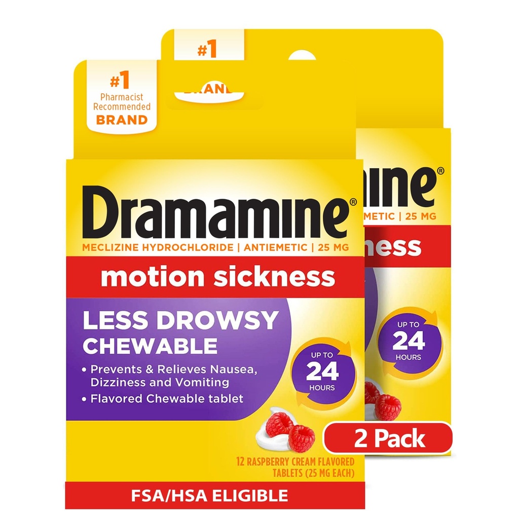 Dramamine Chewable Meno Drowsy, Motion Sickness Relief, Raspberry Cream Flavor, 12 Conte, 2 Pack