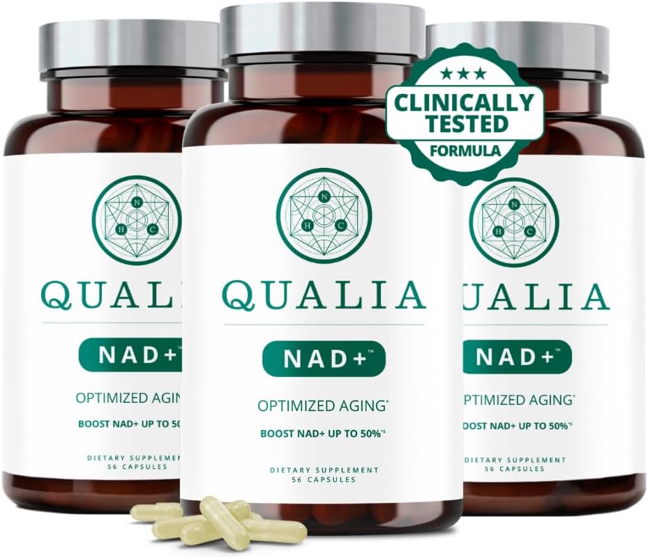 Supplément Qualia NAD — Prouvé cliniquement pour stimuler le NAD+ jusqu'à 67 %. Vieillissement optimisé, énergie, focus. Elite NAD+ Booster Ingrédients: Nicotinamide Riboside (NIAGEN,) Niacine, Niacinamide (3 mois d'approvisionnement)