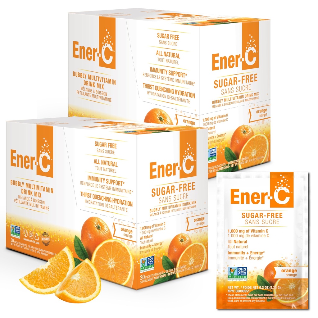 Ener-C Sans sucre Énergie Orange Mélange de multivitamines Vitamine C 1000mg & Electrolytes - Soutien de l'immunité naturelle avec des vraies poudres de jus de fruits Non-OGM Vegan & sans gluten - 60 Compte