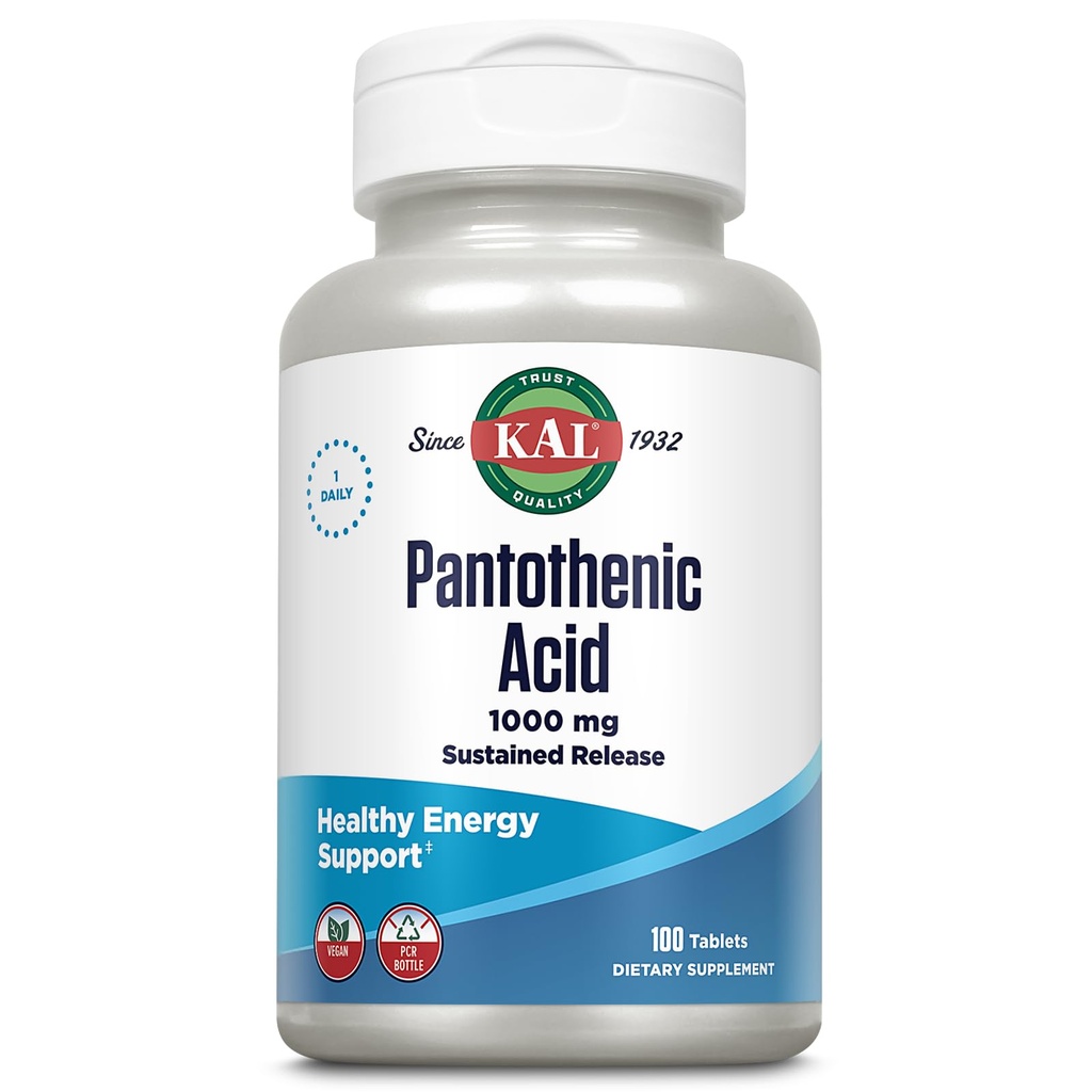 Acido pantotenico KAL 1000mg, Vitamina di rilascio prolungata B5 - Integratori di energia - Supporta il metabolismo dei carboidrati, grassi e proteine, salute dei capelli e della pelle, Vegan, garanzia di 60 giorni, 100 Serve, 100 compresse
