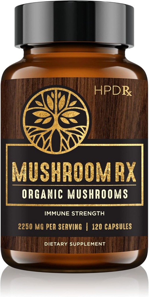 HPD Rx Mushroom Rx Organic Mushroom Extract Blend Max Immunity Dose, Lion’s Mane, Chaga, Reishi, Shiitake Maitake & Turkey Tail Mushroom Supplements | 2250 mg, 30-Day Supply, Confezione da 1