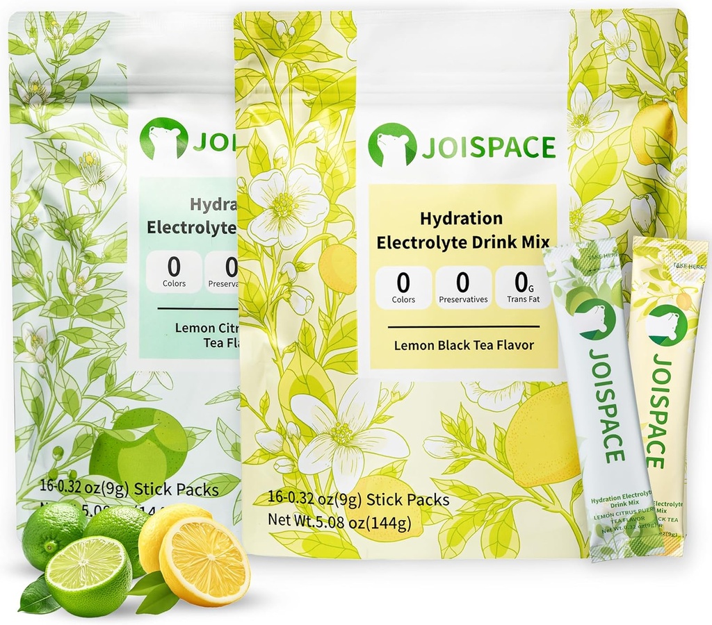 JOISPACE Electrolyte Drink Mix con Tea Polyphenols | Fast Hydration & Electrolytes Boost | Non-GMO, Vegan, Gluten-Free | Lemon Tea & Lemon Lime Tea, 32 Serve
