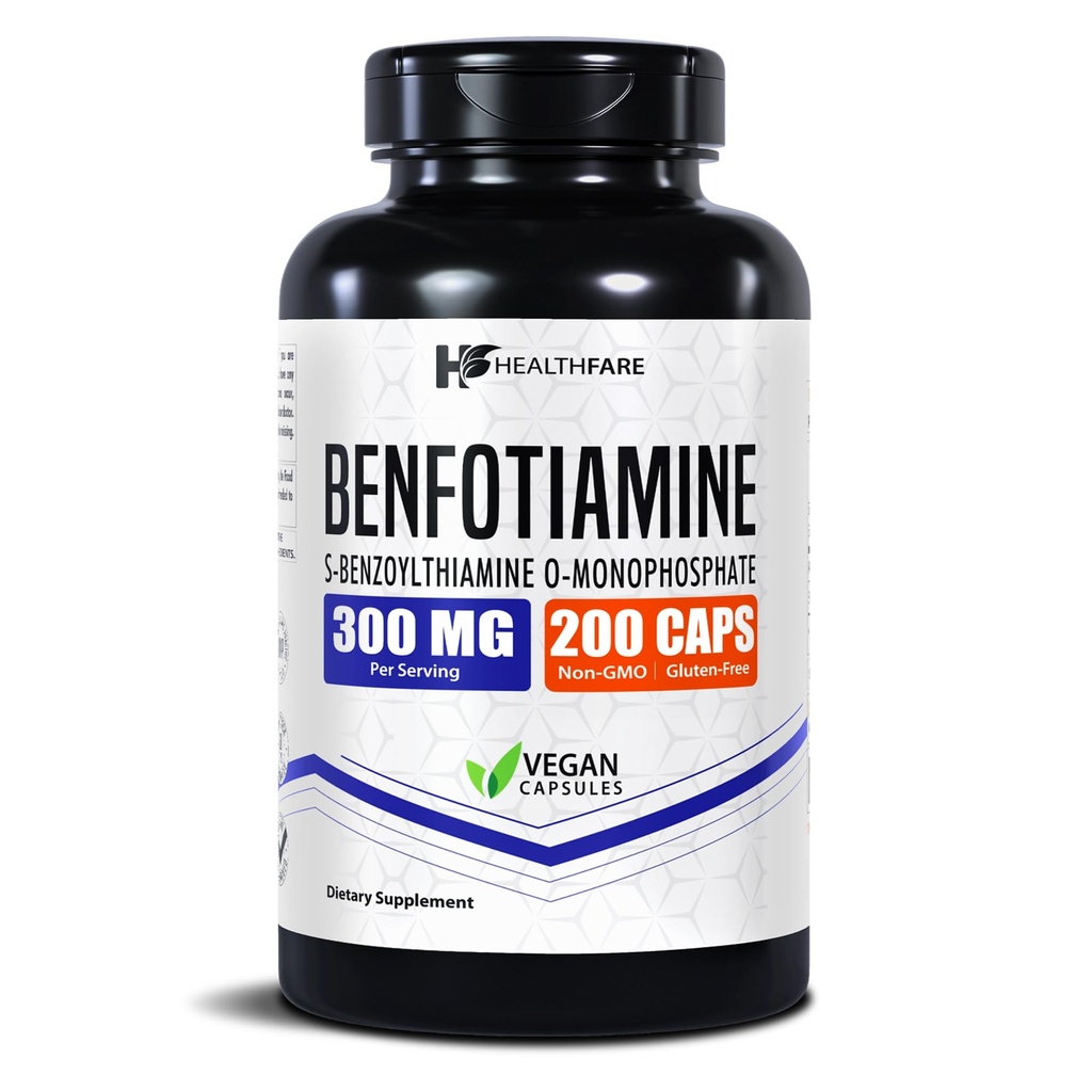 Healthfare Benfotiamine 300mg | 200 Veg Kapseln | Verbesserte Absorption | Unterstützt Gesamtgesundheit | Erhöhte Bioverfügbarkeit