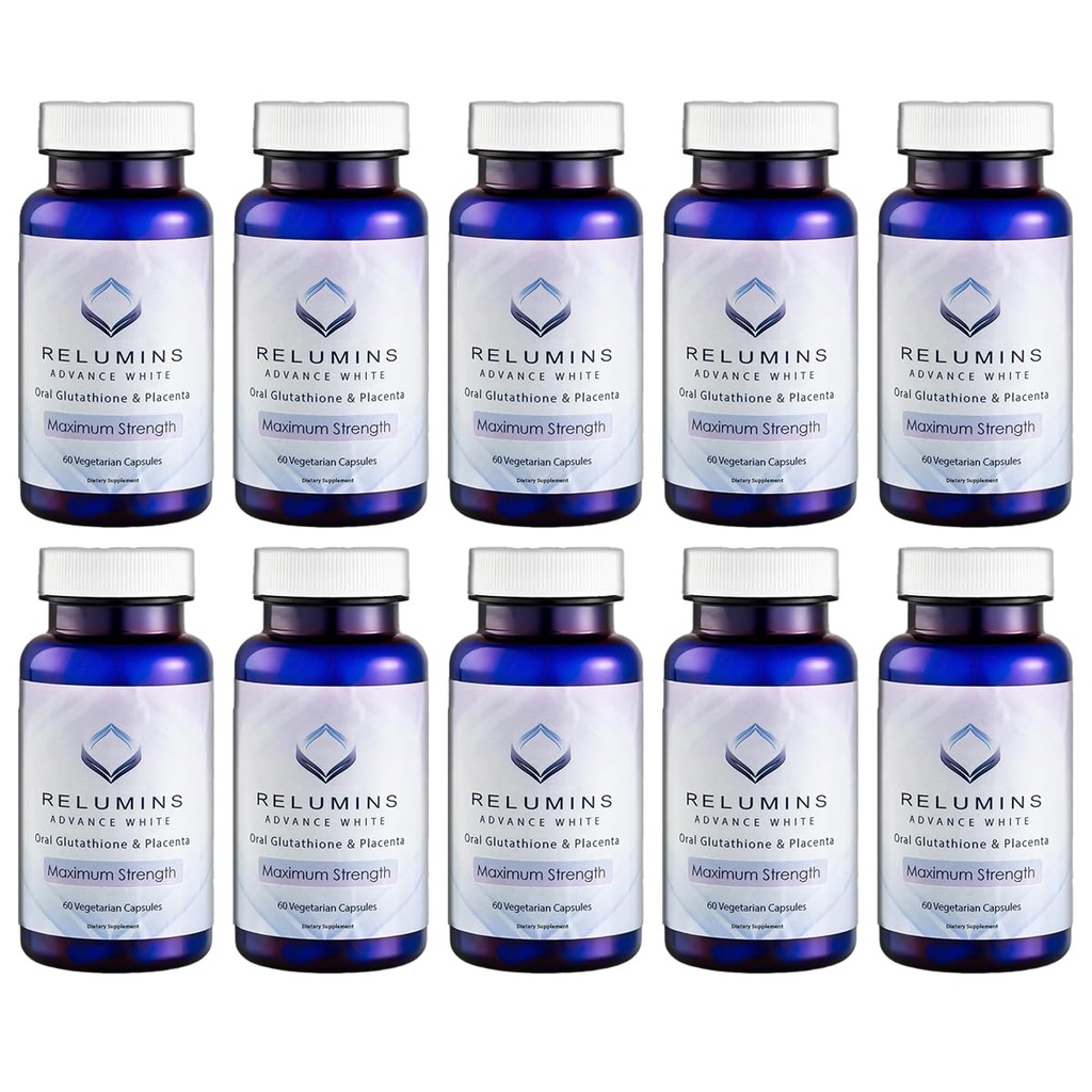 Relumins Advanced White Glutathione Capsules - Max Strength Brightening Supplement mit ALA, Placenta, Rose HIPS & Vitamin C - Kämpfe Oxidative Stress, Unterstützt Collagen & Made in USA - 10 Flaschen