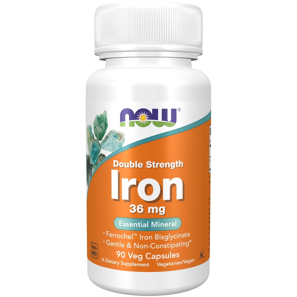 NOW Supplements, Iron 36 mg, Double Strength, Non-Constipating*, Essential Mineral, 90 Veg Capsules
