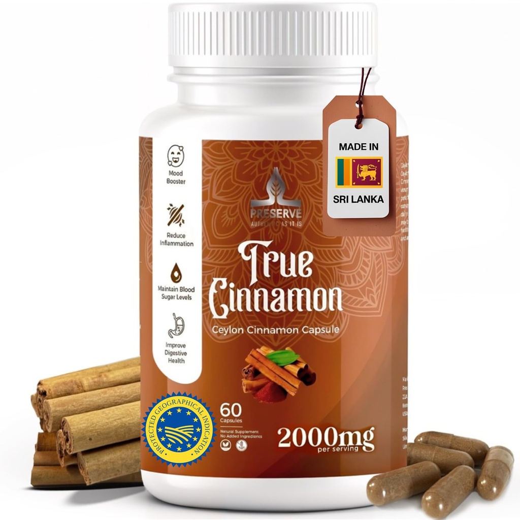 Capsules de cannelle de Ceylan pur, 2 000 mg, Supplément de deux mois.Fabriqué au Sri Lanka.