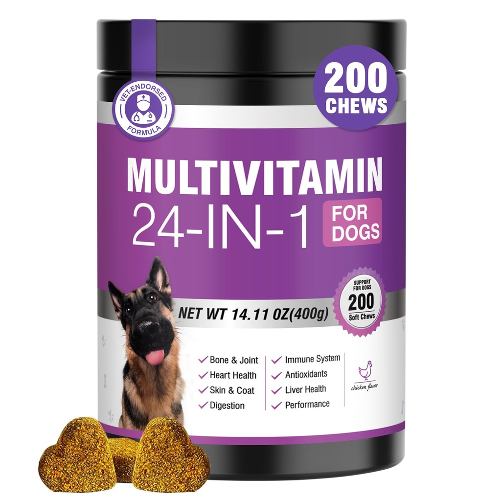 24-en-1 Vitamines et suppléments pour chiens 200 Ct Chiens Multivitamines Contient Chondroïtine Probiotiques Omega-3 Glucosamine pour chiens Coeur de peau Coeur articulaire Gut foie Cerveau Yeux Immune Support - Poulet