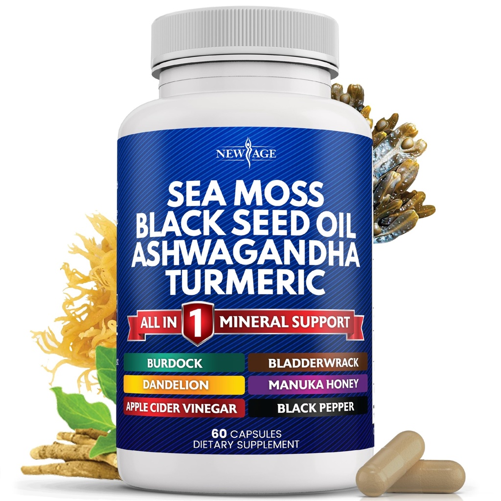 NEW AGE Sea Moss Black Seed Oil Ashwagandha Turmeric Bladderwrack Burdock - con Manuka, Miele Dandelion, ACV Black Pepper Gluten Free