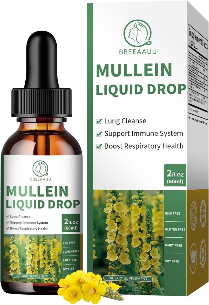 Gocce di Mullein per polmoni, 16-in-1 Leaf Estratto per polmonare Cleanse, Respiratorio, Immunità, con Quercetin, Marshmallow, Cumino nero Seed, Elderberry, Mullein Liquid, Non-GMO, 2 Fl Oz