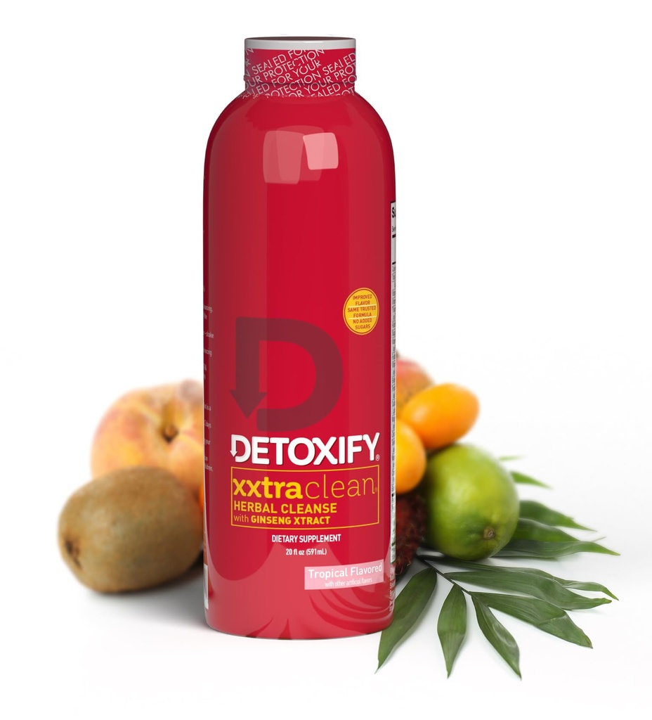 Detoxify – Xxtra Clean Herbal – Tropical Fruit Flavor - 20 Unze – Professionelle geformte extra Stärke Kräuter-Detox-Getränk – Enhanced with Ginseng Extract & Milk Thistle Extract - Plus Sticker