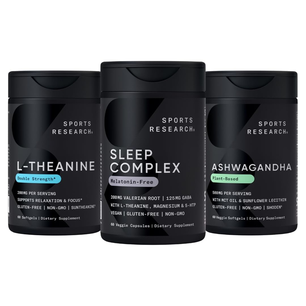 Sportforschung Sleep Complex Melatonin-Free Vegan Capsules, Double Strength L-Theanine Supplement for Focus, Relaxation & Alertness und Ashwagandha Softgels für Entspannung, Ruhe & Schlafunterstützung