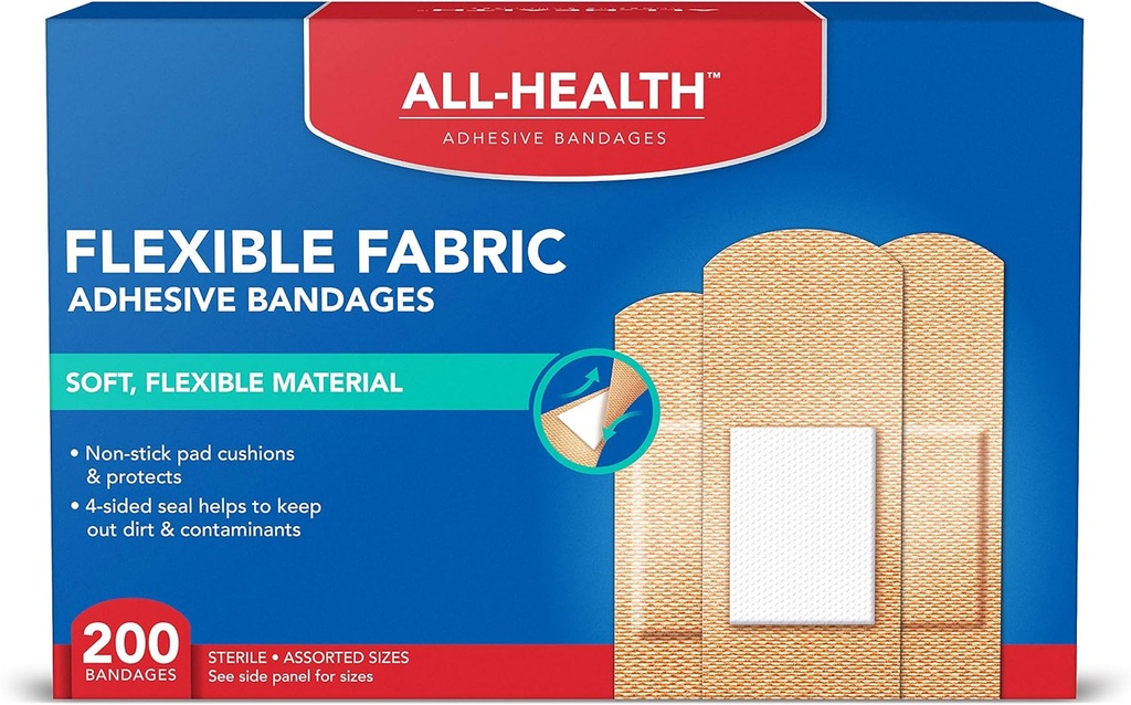 Alle Health Adhesive Stoff Bandagen, 200 Zähler sortierte Größen | Weiches, flexibles Material | Schutz für Erste Hilfe und Wund Pflege