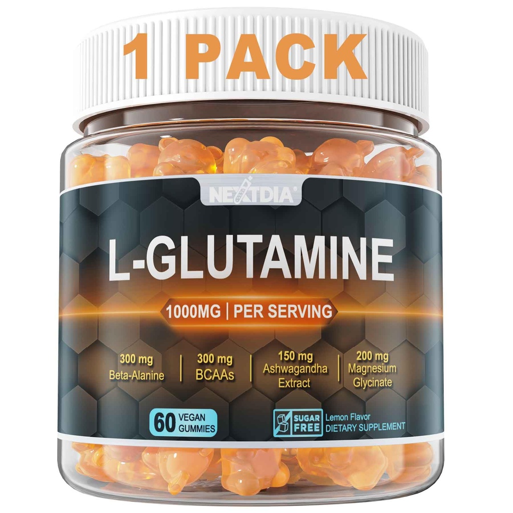 L-Glutamin 1000mg Gummi für Damen & Men| mit Beta-Alanin, BCAAs, Magnesium Glycinat, Kalium & Ashwagandha | Vegan | Zuckerfrei & Extra-Chewy | 60 Zähler
