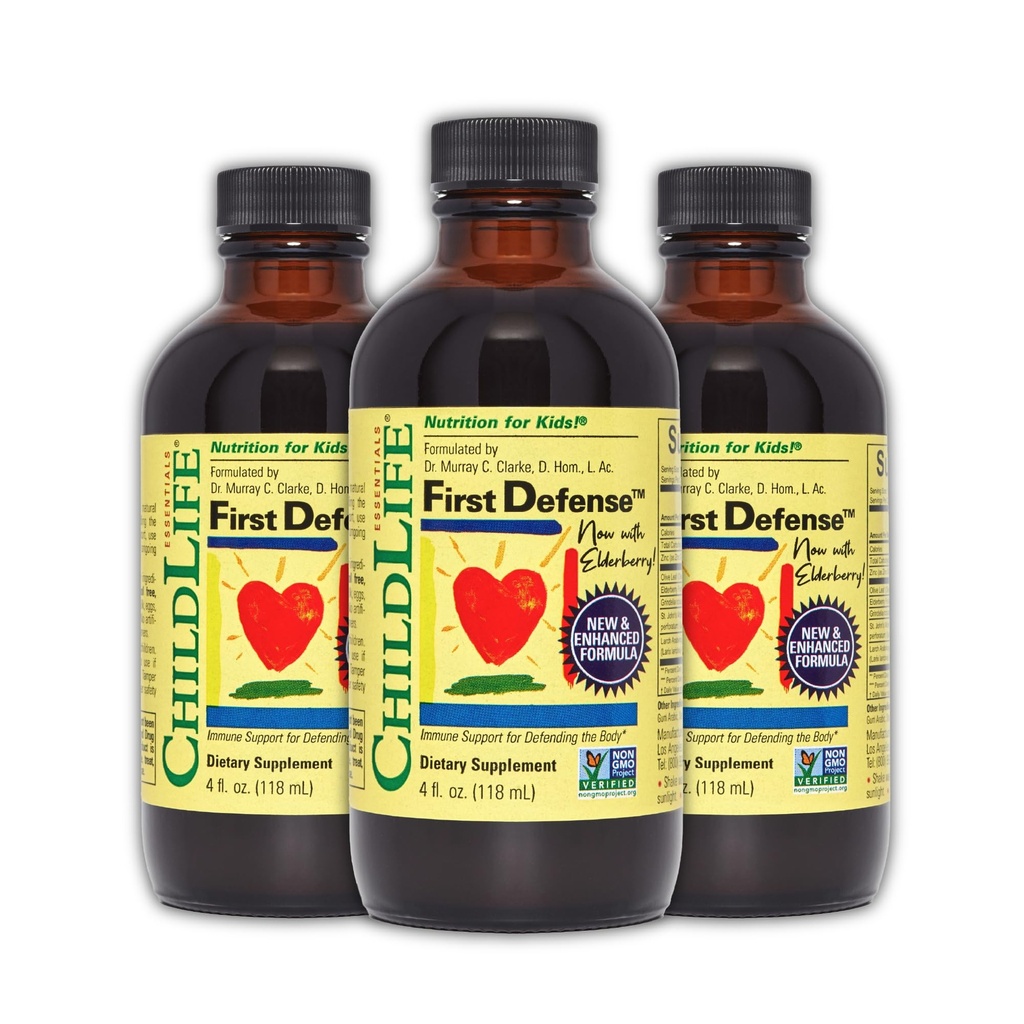 CHILDLIFE ESSENTIALS First Defense - Kinder Immununterstützung, Immununterstützung für Kinder, Kleinkinder 1-3, Babys 6 Monate+, Vitamin Syrup mit Elderberry, Zink, Non GMO, Gluten Free - 4 Fl Oz (Pack mit 3)