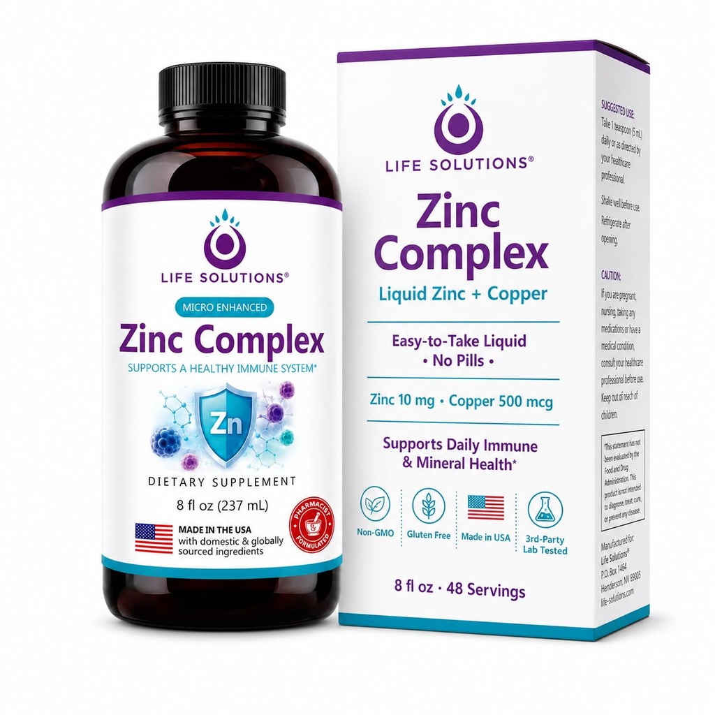 Life Solutions Zink-Komplex - Zink-Gluconat und Kupfer-Gluconat für optimale Immununterstützung & Gesundheit - Hochabsorptionsformel - Flüssigkeit 8oz-