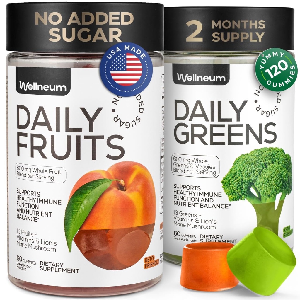 Super Fruits Super Verts Gummies pour adultes 120 Pcs (2 Pack) - Verts quotidiens Gummies végétales pour l'immunité santé, énergie, équilibre des nutriments - 600 Mg Mélange de fruits, 600 Mg Mélange de légumes - sans sucre