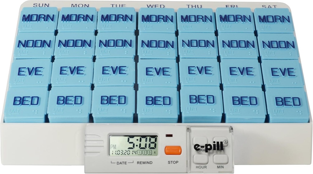e-Pill 4 fois par jour x 7 jours Grande Pill Weekly Organizer, Vitamine and Medicine Pillbox - avec rappel