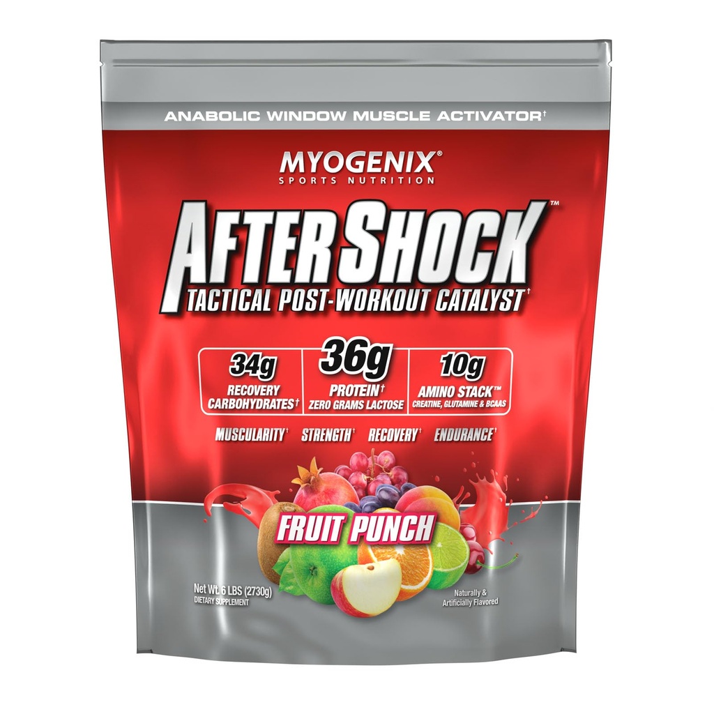 Myogenix Aftershock Post Workout — Polvere proteica del siero di crescita del muscolo — accelera la crescita e il recupero del muscolo — Supporta la salute comune e reintegra il glicogeno — Punch di frutta, 6 lbs