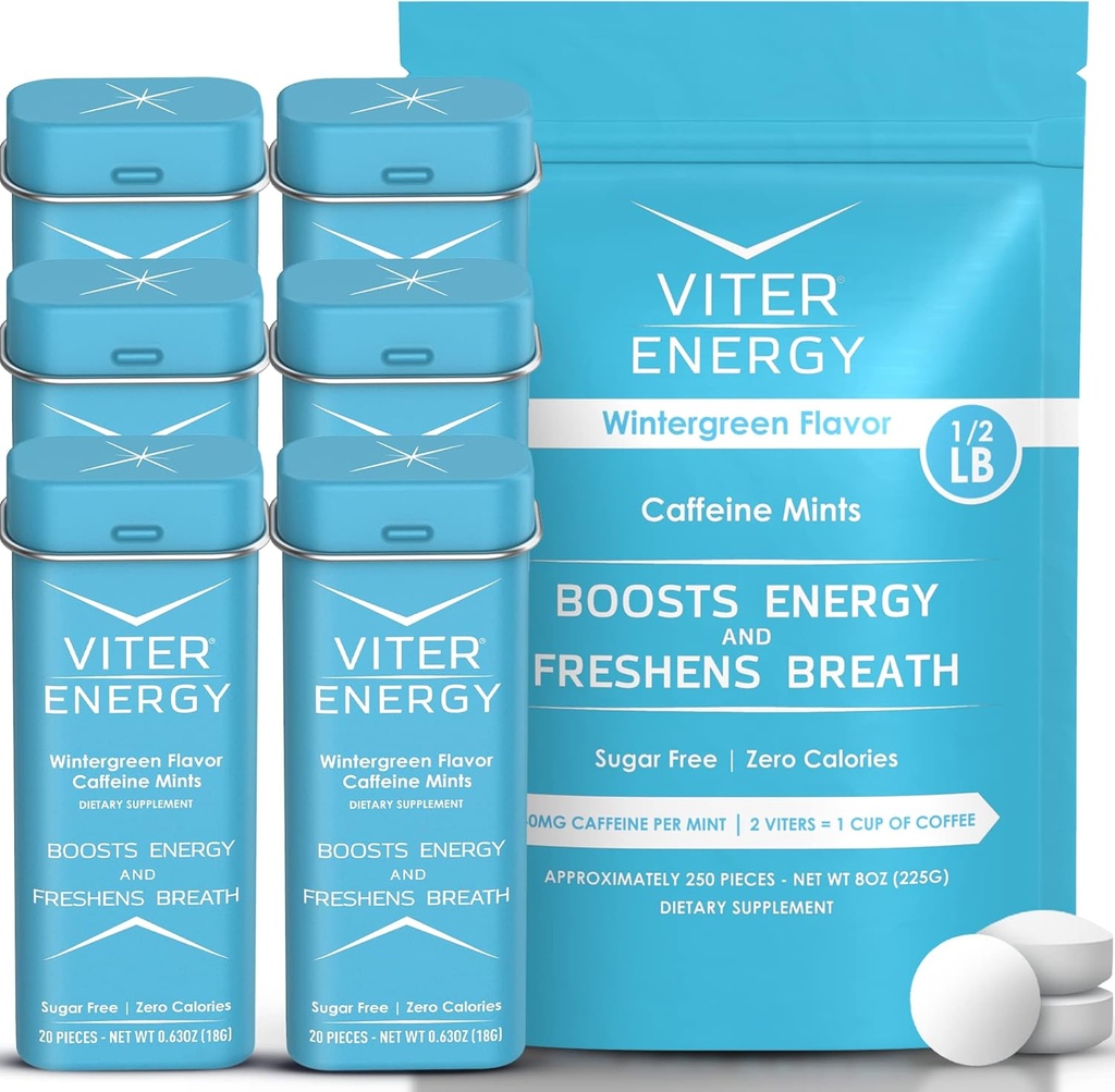Viter Energy Original Caffeine Mints Wintergreen Flavor 6 Pack und 1/2 Pound Bulk Bag Bundle - 40mg Koffein, B Vitamine, Sugar Free, Vegan, Leistungsstarke Energie Booster für Fokus und Alertness