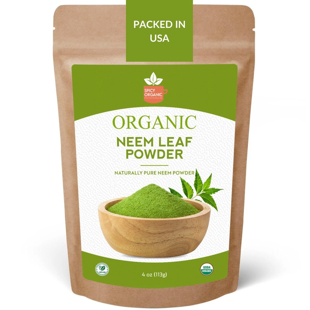 SPICY ORGANIC Neem Powder – 4 oz. - Zertifiziert USDA Organic -Non-GMO - Frische getrocknete Neem Blätter Pulver für gesundes Haar und Haut - Azadirachta Indica Ayurvedic Kräuter für allgemeines Wohlbefinden